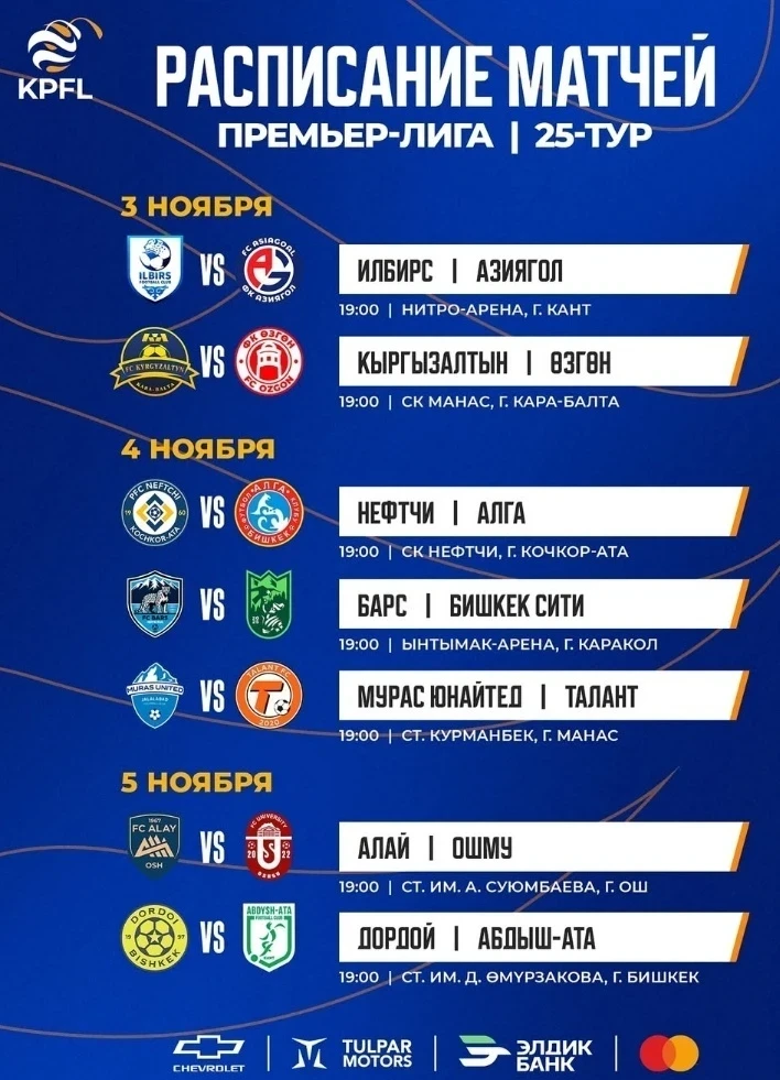 Расписание 25-го тура Премьер-лиги Кыргызстана с ключевыми матчами