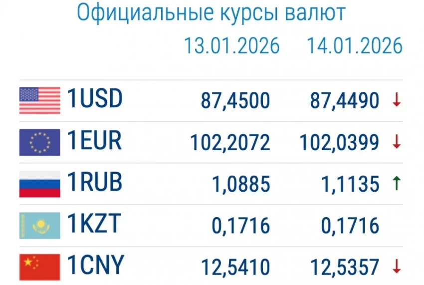 Коммерциялык банктардагы валютанын курсу 14-январь: рублдун баасы төмөндөдү