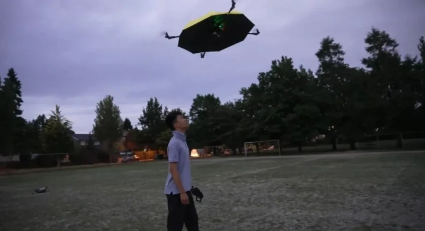 The inventor designed an umbrella that flies behind a person.